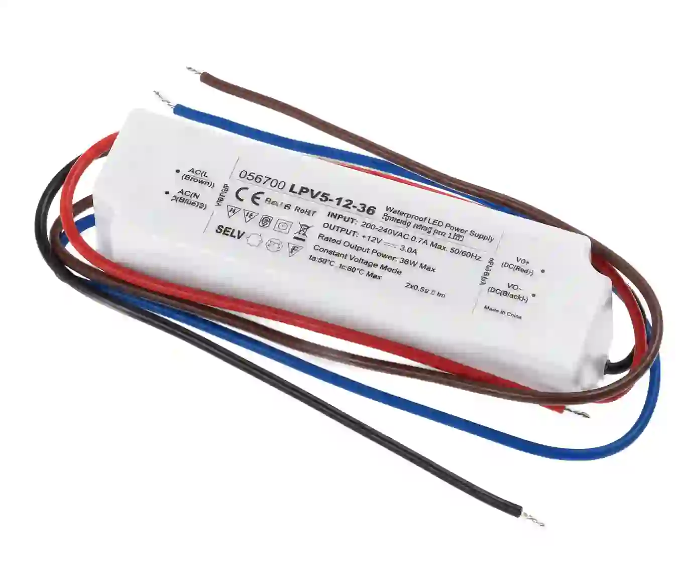 Voděodolný LED napájecí zdroj 12V 36W 3A IP67 LPV5 s krytím IP67 plněně zalitý silikonem pro LED pásky v interiéru a exteriéru